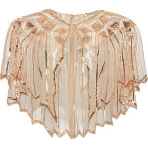 🆕 Women Gold Sequin Beaded Evening Cape Bridal Shawl Bolero Flapper Cover Up